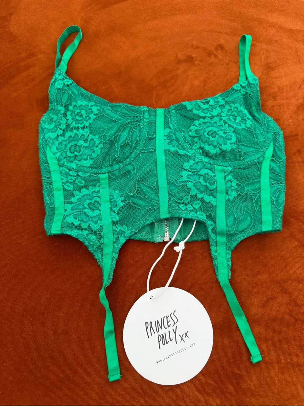 Princess Polly NWT Emmanuel Emerald Green Lace Bustier Corset Bra Top Back Zip 2